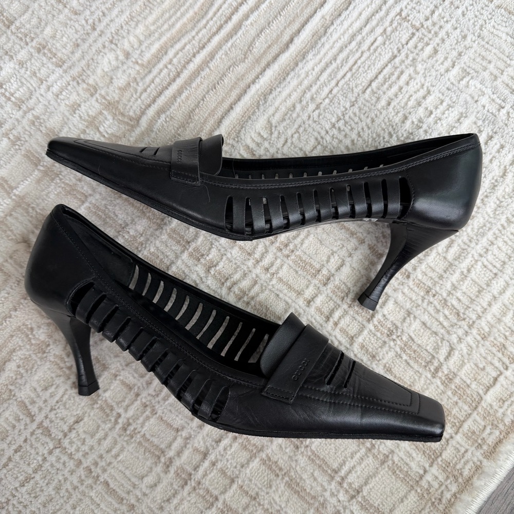 Gucci Black Leather Laser Cut Square Toe - Picture 3 of 7